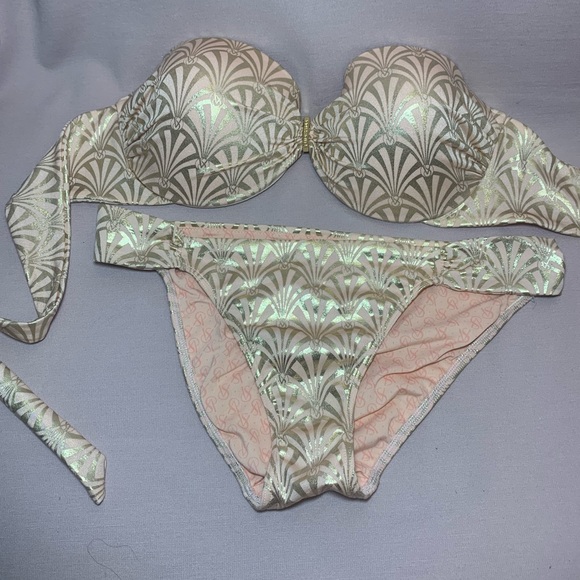 Victoria's Secret Push Up Bikini 34DD Pink w Gold Foil All Over Logo Bottom M